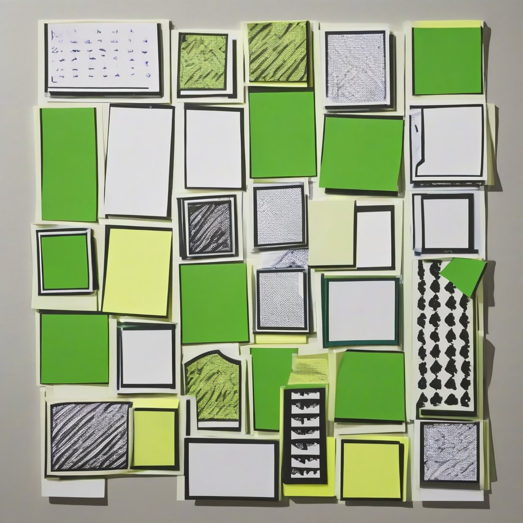 Green black and yellow sticky notes arranged with different patterns - By Andrew Duckworth